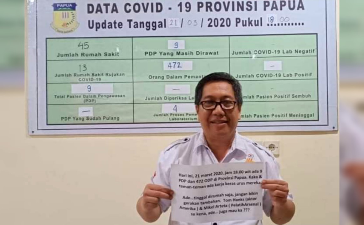 Juru Bicara Satgas Penanganan Covid-19 Provinsi Papua, dr. Silwanus Sumule menunjukan hasil PDP dan ODP di Provinsi Papua (Foto: Ist/SP)