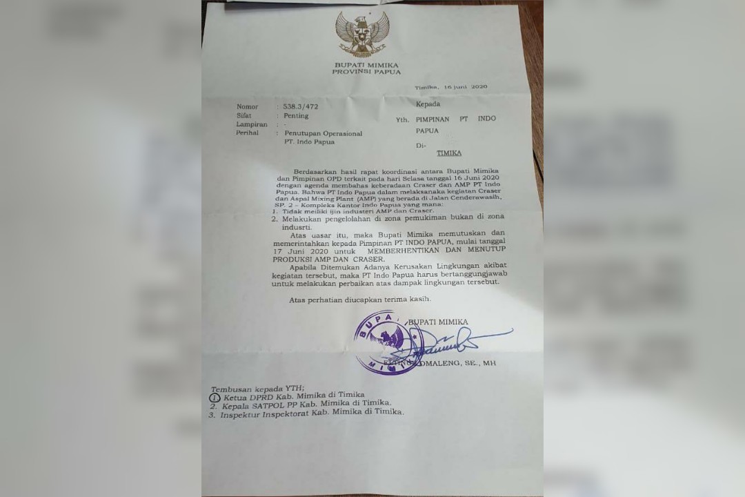 Surat dari Pemkab Mimika kepada PT Indo Papua.
