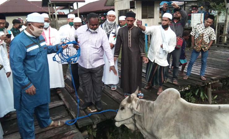 SERAHKAN | Bupati Asmat Elisa Kambu ketika menyerahkan sapi untuk dikurban kepada pengurus masjid. (Foto: Reza)