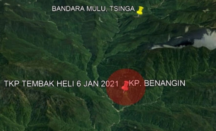 Lokasi penembakan helikopter Bell 407 HP di Kampung Benangin, Kampung Tsinga Distrik Tembagapura, Mimika Papua. (Foto: Ist)