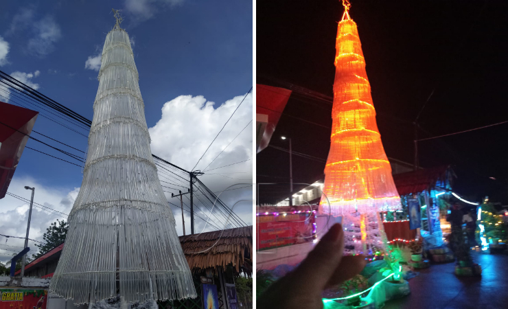 NATAL | Pohon Natal dari Plastik Es Lilin di Depan Gereja Sola Gratia Timika pada malam dan siang hari. (Foto: Anya Fatma/SeputarPapua)