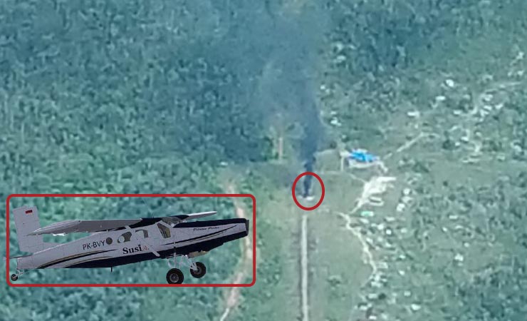 Pesawat Susi Air PK-BVY yang terbakar di Lapangan Terbang Distrik Paro, Kabupaten Nduga, Selasa (7/02/2023). (Foto: Ist)
