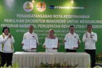 (Kiri ke kanan) Wakil Ketua Komisi IV DPR RI Budisatrio Djiwandono, Menteri LHK Siti Nurbaya, Presiden Direktur PT Freeport Indonesia (PTFI) Tony Wenas mendengarkan paparan Vice President Environmental PTFI Gesang Setyadi mengenai rencana program penanaman mangrove seluas 2.000 hektar di Kalimantan Timur. (Foto: Ist)