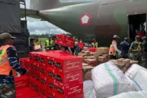Suasana 14 ton bantuan yang siap diterbangkan pagi ini (Foto:Humas Kemensos)