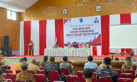 Pembukaan kegiatan Konsultasi Publik Rancangan Awal RPJPD Kabupaten Asmat Periode 2025-2045, di Distrik Agats, Asmat, Papua Selatan, Kamis (30/11/2023)
