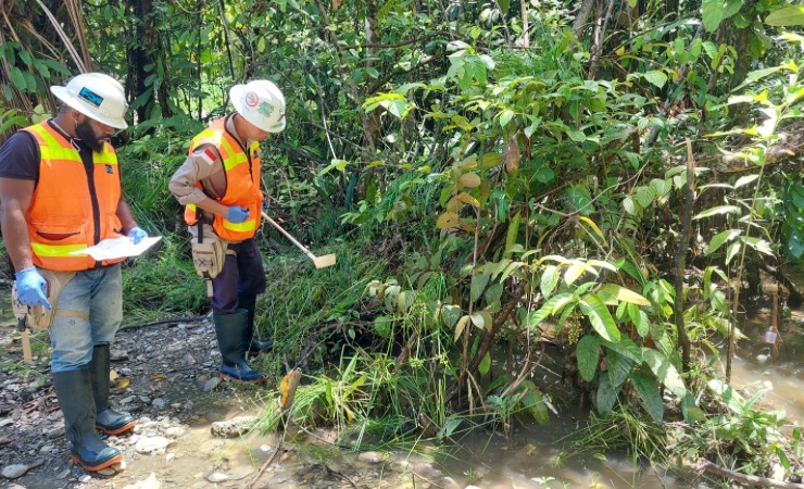 Petugas PHMC saat melakukan pengecekan jentik nyamuk di sekitar lokasi genangan air yang berada di LIP. (Foto: Fachruddin Ajie/Seputarpapua)
